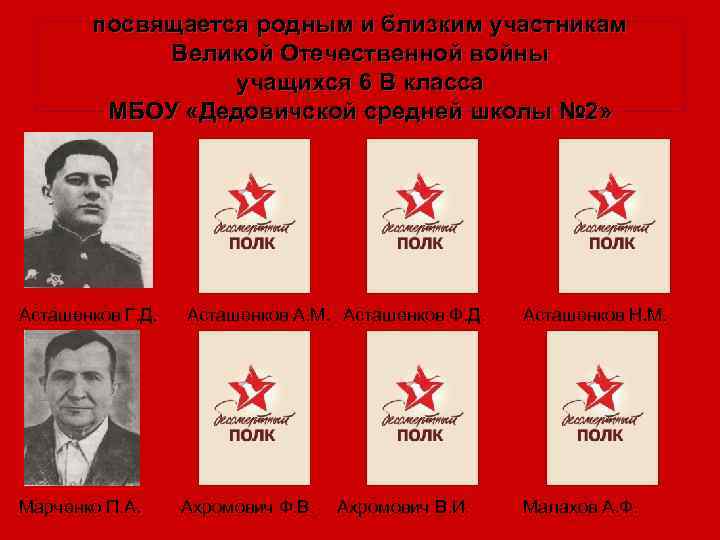 посвящается родным и близким участникам Великой Отечественной войны учащихся 6 В класса МБОУ «Дедовичской