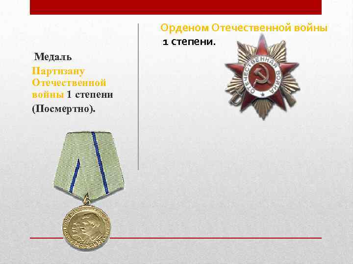 Орденом Отечественной войны 1 степени. Медаль Партизану Отечественной войны 1 степени (Посмертно). 