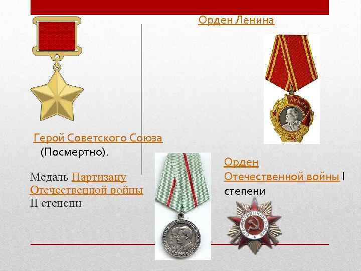 Орден Ленина Герой Советского Союза (Посмертно). Медаль Партизану Отечественной войны II степени Орден Отечественной