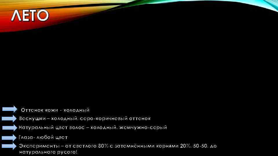 ЛЕТО Оттенок кожи - холодный Веснушки – холодный, серо-коричневый оттенок Натуральный цвет волос –