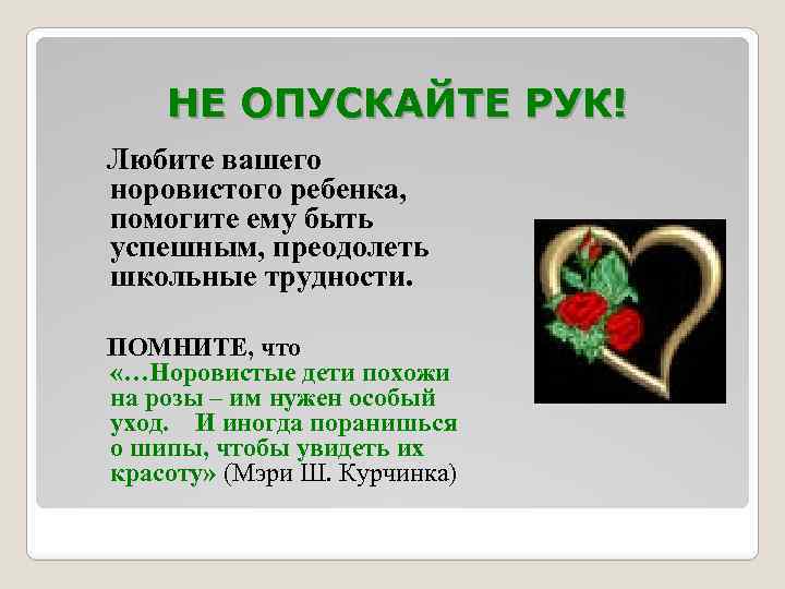 НЕ ОПУСКАЙТЕ РУК! Любите вашего норовистого ребенка, помогите ему быть успешным, преодолеть школьные трудности.