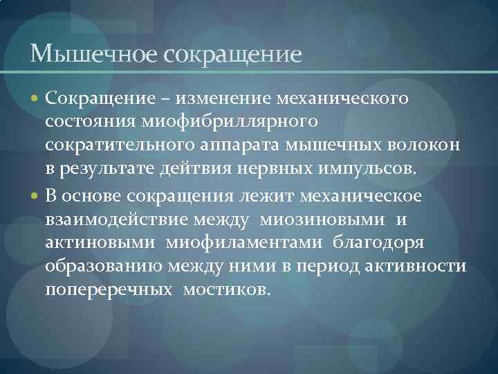 Мышечное сокращение Сокращение – изменение механического состояния миофибриллярного сократительного аппарата мышечных волокон в результате