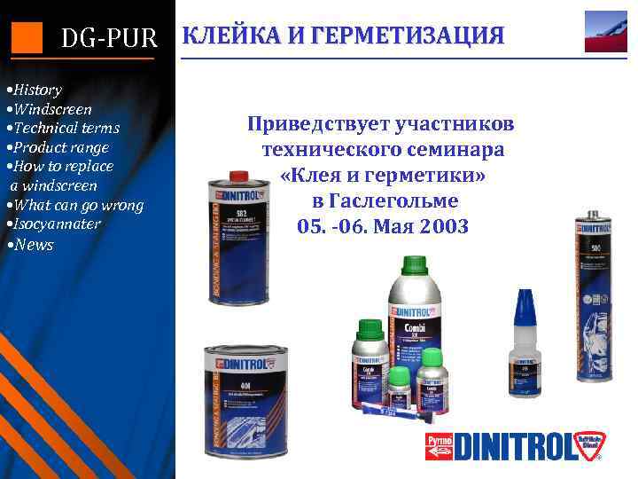 DG-PUR КЛЕЙКА И ГЕРМЕТИЗАЦИЯ • History • Windscreen • Technical terms • Product range