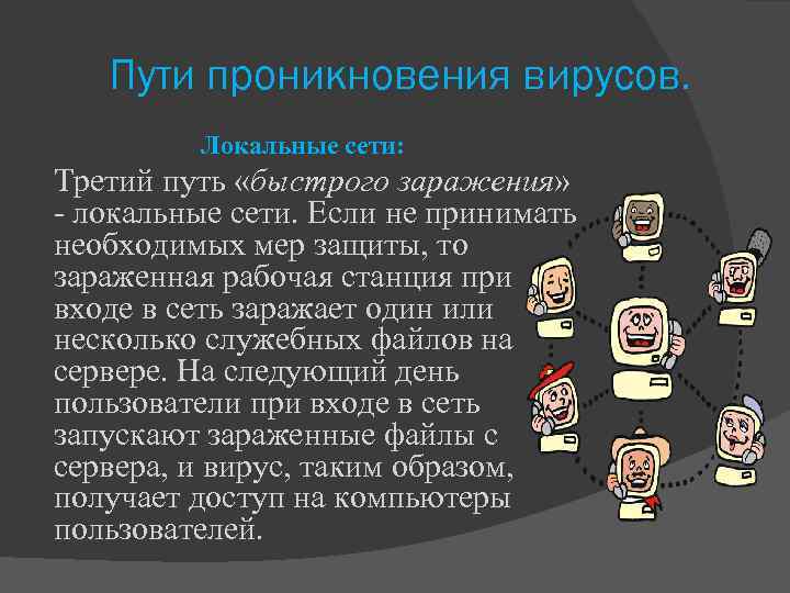 Пути проникновения вирусов. Локальные сети: Третий путь «быстрого заражения» - локальные сети. Если не