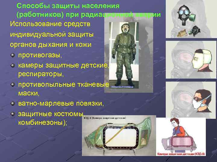 Способы защиты населения (работников) при радиационной аварии Использование средств индивидуальной защиты органов дыхания и