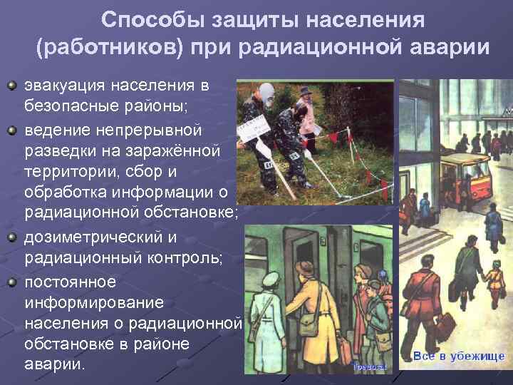 Способы защиты населения (работников) при радиационной аварии эвакуация населения в безопасные районы; ведение непрерывной