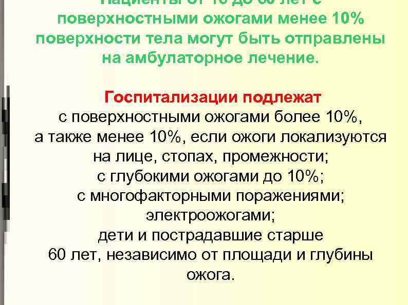 Пациенты от 16 до 60 лет с поверхностными ожогами менее 10% поверхности тела могут
