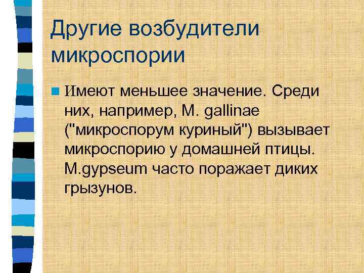 Другие возбудители микроспории меньшее значение. Среди них, например, M. gallinae ("микроспорум куриный") вызывает микроспорию