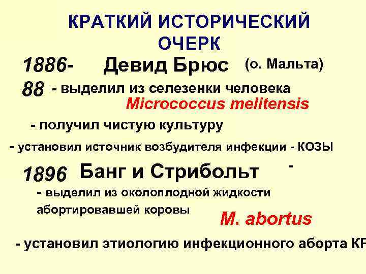 КРАТКИЙ ИСТОРИЧЕСКИЙ ОЧЕРК 1886 - Девид Брюс (о. Мальта) 88 - выделил из селезенки