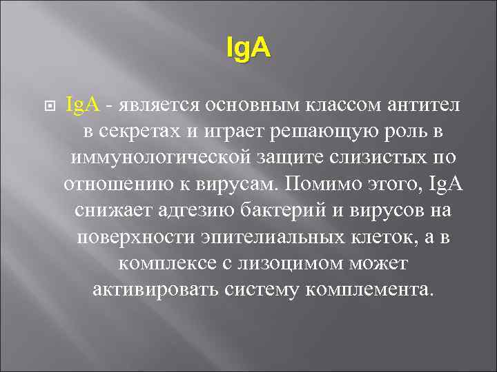 Ig. A - является основным классом антител в секретах и играет решающую роль в