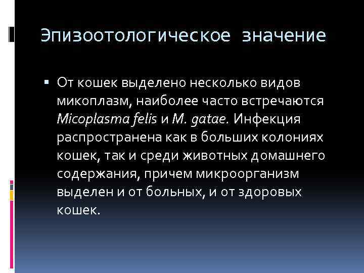 Эпизоотологическое значение От кошек выделено несколько видов микоплазм, наиболее часто встречаются Micoplasma felis и