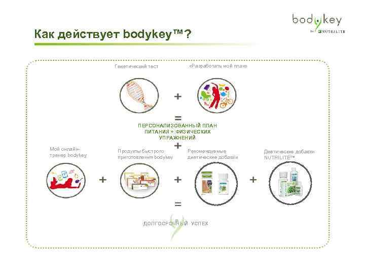 Как действует bodykey™? Генетический тест «Разработать мой план» ПЕРСОНАЛИЗОВАННЫЙ ПЛАН ПИТАНИЯ + ФИЗИЧЕСКИХ УПРАЖНЕНИЙ