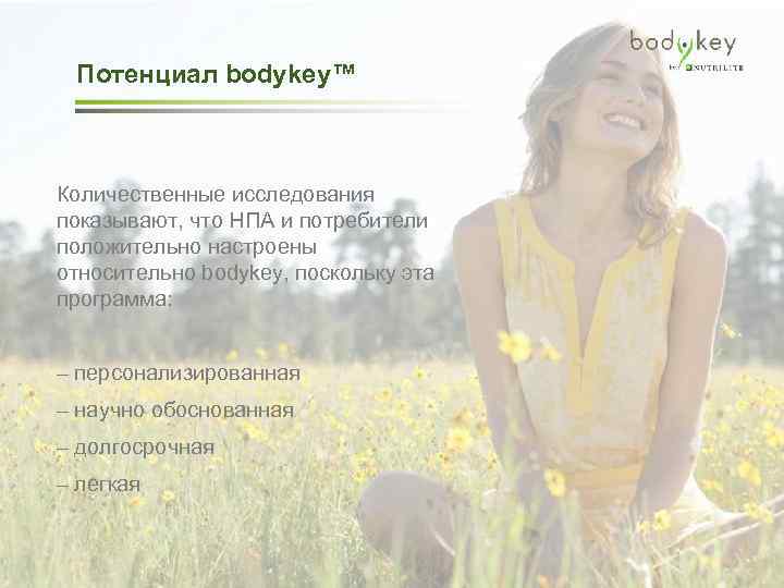 Потенциал bodykey™ Количественные исследования показывают, что НПА и потребители положительно настроены относительно bodykey, поскольку