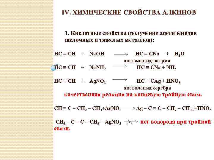 IV. ХИМИЧЕСКИЕ СВОЙСТВА АЛКИНОВ 1. Кислотные свойства (получение ацетиленидов щелочных и тяжелых металлов): HC