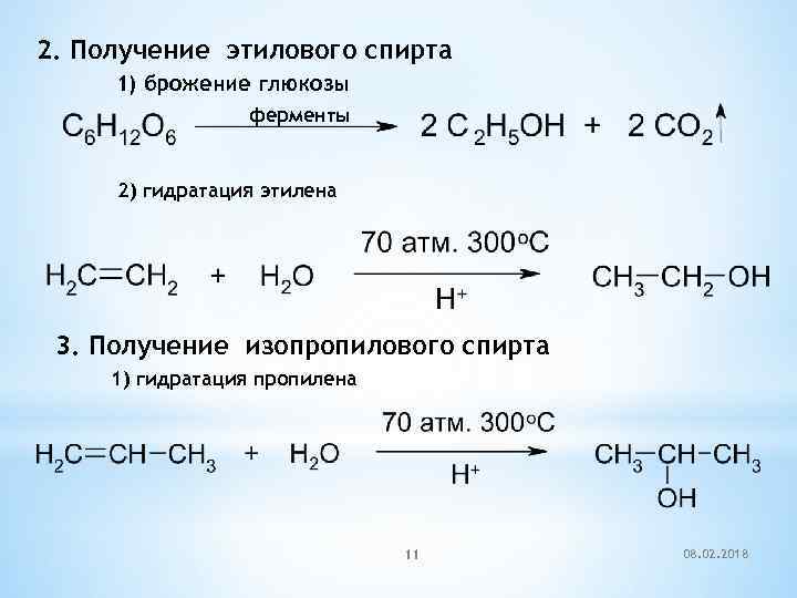 2. Получение этилового спирта 1) брожение глюкозы ферменты 2) гидратация этилена 3. Получение изопропилового