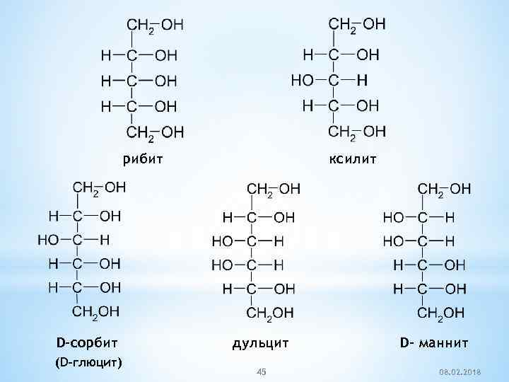 рибит D-сорбит (D-глюцит) ксилит дульцит 45 D- маннит 08. 02. 2018 