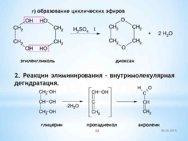 г) образование циклических эфиров этиленгликоль диоксан 2. Реакции элиминирования – внутримолекулярная дегидратация. глицерин пропадиенол