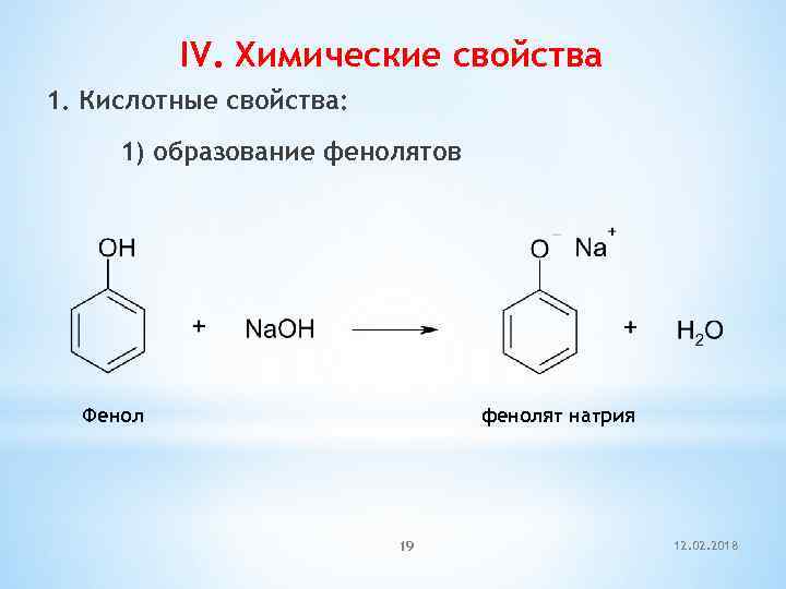 IV. Химические свойства 1. Кислотные свойства: 1) образование фенолятов Фенол фенолят натрия 19 12.