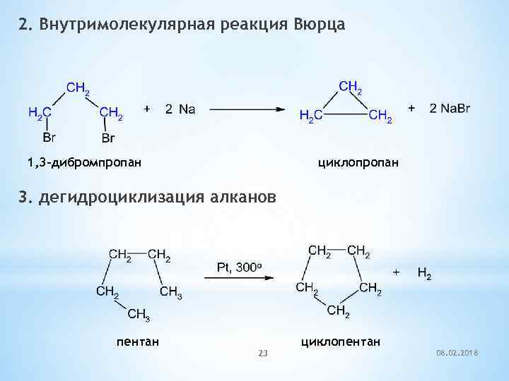 2. Внутримолекулярная реакция Вюрца 1, 3 -дибромпропан циклопропан 3. дегидроциклизация алканов пентан циклопентан 23