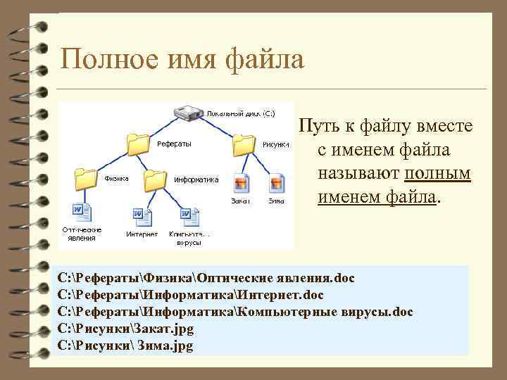 Полное имя файла Путь к файлу вместе с именем файла называют полным именем файла.