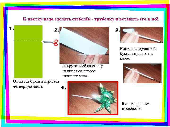 К цветку надо сделать стебелёк - трубочку и вставить его в неё. 1. 2.