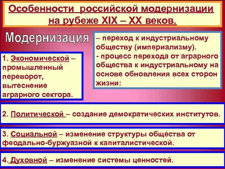 Особенности российской модернизации на рубеже ХIХ – ХХ веков. 1. Экономической – промышленный переворот,