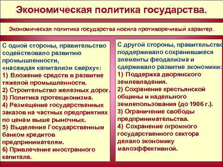Экономическая политика государства носила противоречивый характер. С одной стороны, правительство содействовало развитию промышленности, «насаждая