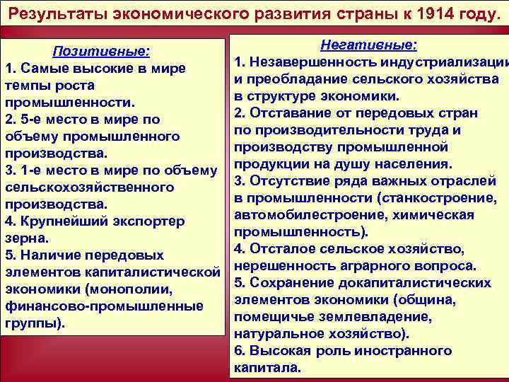 Результаты экономического развития страны к 1914 году. Позитивные: 1. Самые высокие в мире темпы