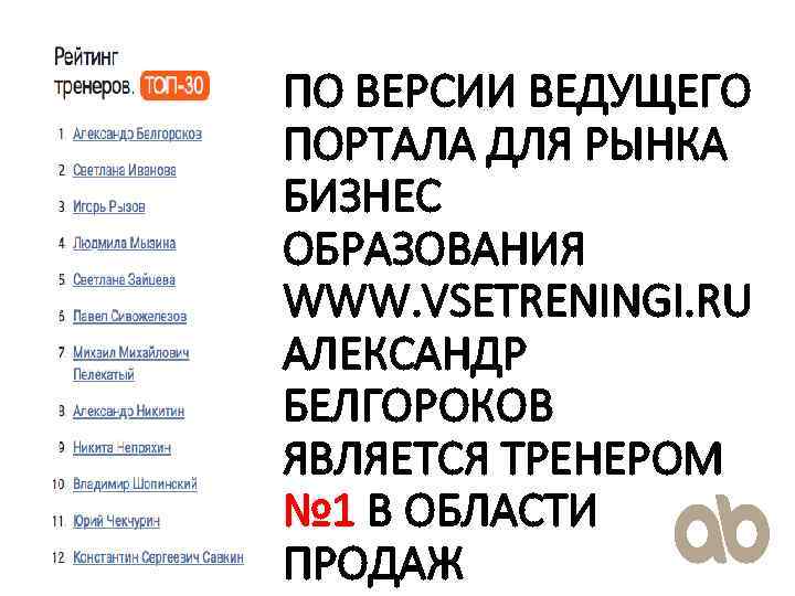 ПО ВЕРСИИ ВЕДУЩЕГО ПОРТАЛА ДЛЯ РЫНКА БИЗНЕС ОБРАЗОВАНИЯ WWW. VSETRENINGI. RU АЛЕКСАНДР БЕЛГОРОКОВ ЯВЛЯЕТСЯ