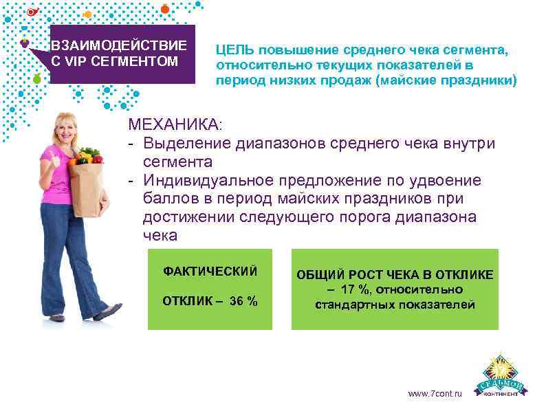 ВЗАИМОДЕЙСТВИЕ С VIP СЕГМЕНТОМ ЦЕЛЬ повышение среднего чека сегмента, относительно текущих показателей в период
