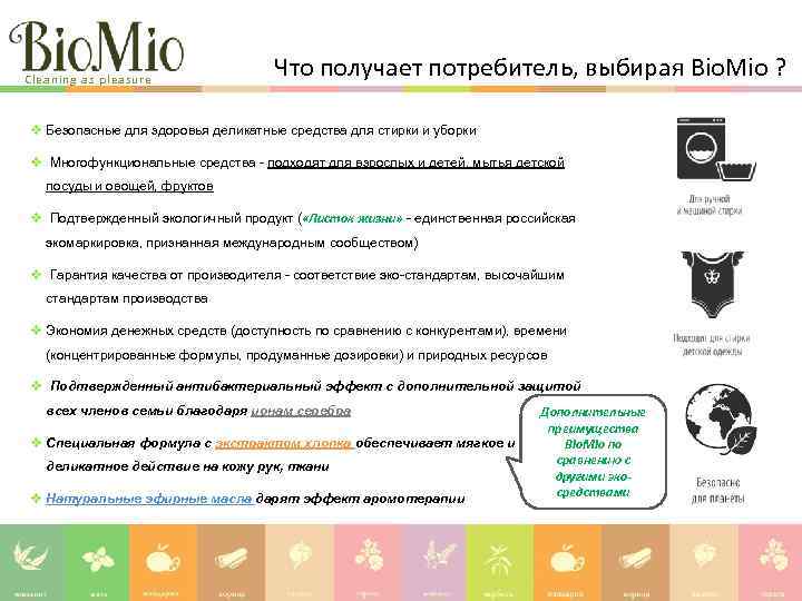 Cleaning as pleasure Что получает потребитель, выбирая Bio. Mio ? Безопасные для здоровья деликатные