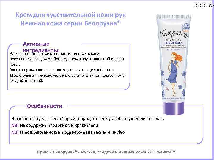 СОСТАВ Крем для чувствительной кожи рук Нежная кожа серии Белоручка® Активные ингредиенты: Алоэ вера