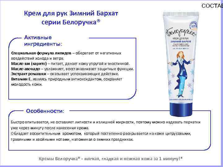Крем для рук Зимний Бархат серии Белоручка® СОСТАВ Активные ингредиенты: Специальная формула липидов –
