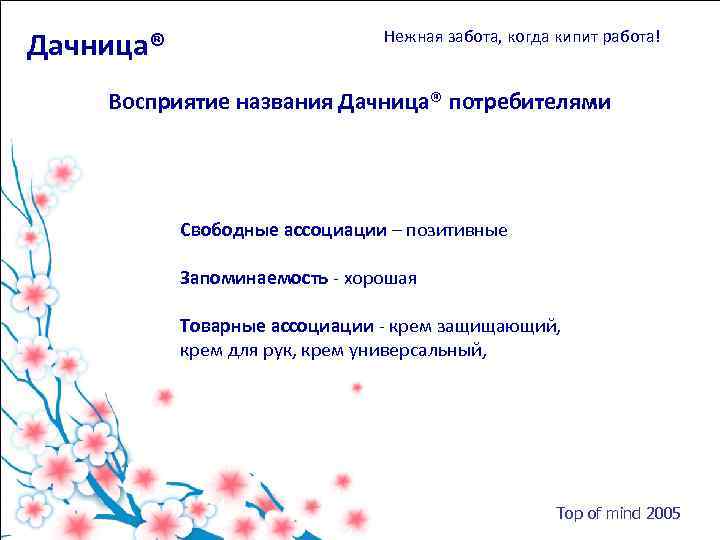 Дачница® Нежная забота, когда кипит работа! Восприятие названия Дачница® потребителями Свободные ассоциации – позитивные