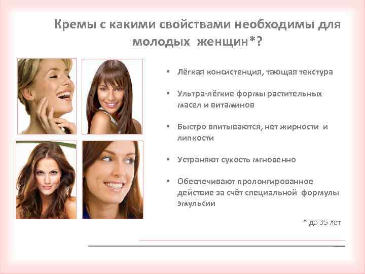 Кремы с какими свойствами необходимы для молодых женщин*? • Лёгкая консистенция, тающая текстура •