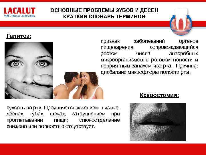 ОСНОВНЫЕ ПРОБЛЕМЫ ЗУБОВ И ДЕСЕН КРАТКИЙ СЛОВАРЬ ТЕРМИНОВ Галитоз: признак заболеваний органов пищеварения, сопровождающийся