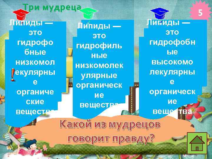 Три мудреца Липиды — это гидрофо бные низкомол екулярны е органиче ские вещества Липиды