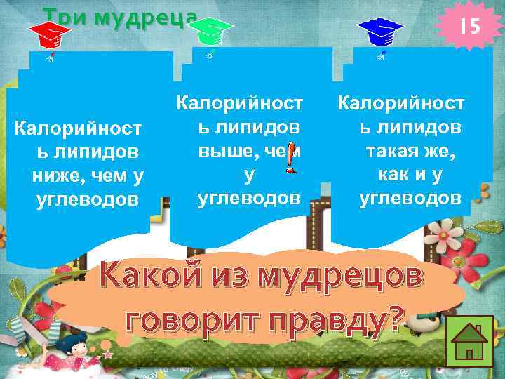 Три мудреца Калорийност ь липидов ниже, чем у углеводов Калорийност ь липидов выше, чем