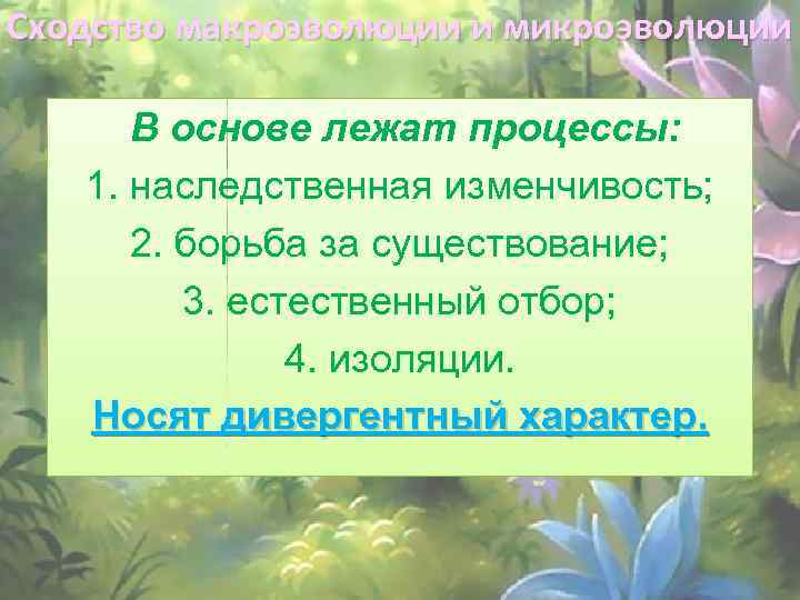 Сходство макроэволюции и микроэволюции В основе лежат процессы: 1. наследственная изменчивость; 2. борьба за