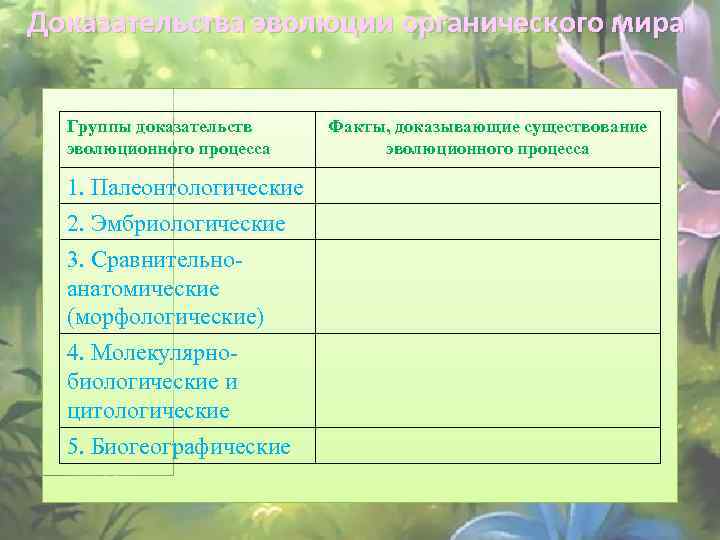 Доказательства эволюции органического мира Группы доказательств эволюционного процесса 1. Палеонтологические 2. Эмбриологические 3. Сравнительноанатомические