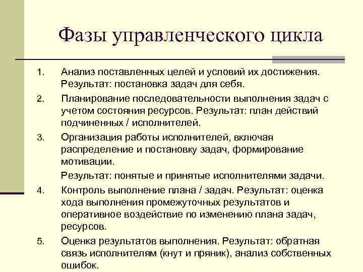 Фазы управленческого цикла 1. 2. 3. 4. 5. Анализ поставленных целей и условий их