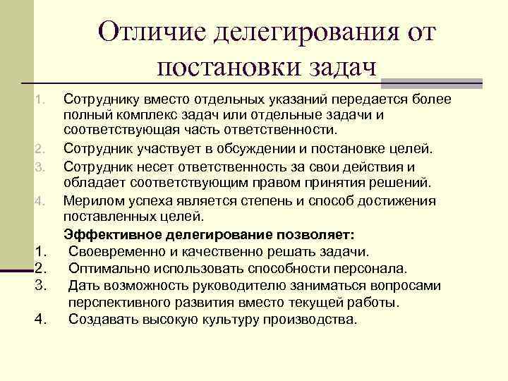 Отличие делегирования от постановки задач 1. 2. 3. 4. 1. 2. 3. 4. Сотруднику