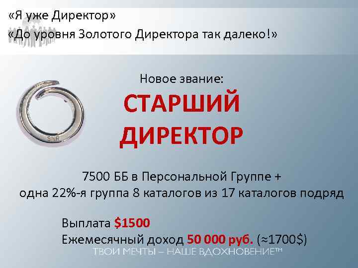  «Я уже Директор» «До уровня Золотого Директора так далеко!» Новое звание: СТАРШИЙ ДИРЕКТОР