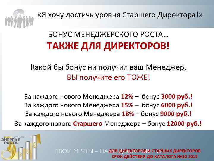  «Я хочу достичь уровня Старшего Директора!» БОНУС МЕНЕДЖЕРСКОГО РОСТА… ТАКЖЕ ДЛЯ ДИРЕКТОРОВ! Какой