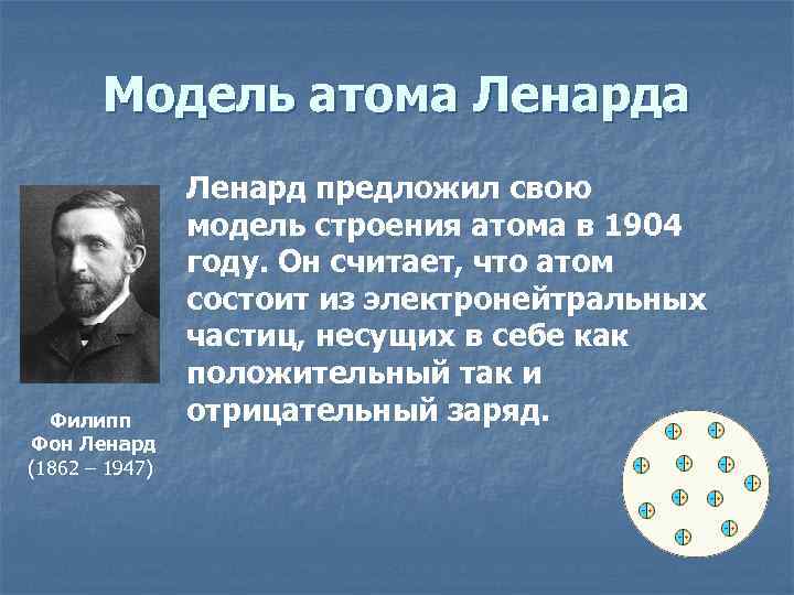 Модель атома Ленарда Филипп Фон Ленард (1862 – 1947) Ленард предложил свою модель строения