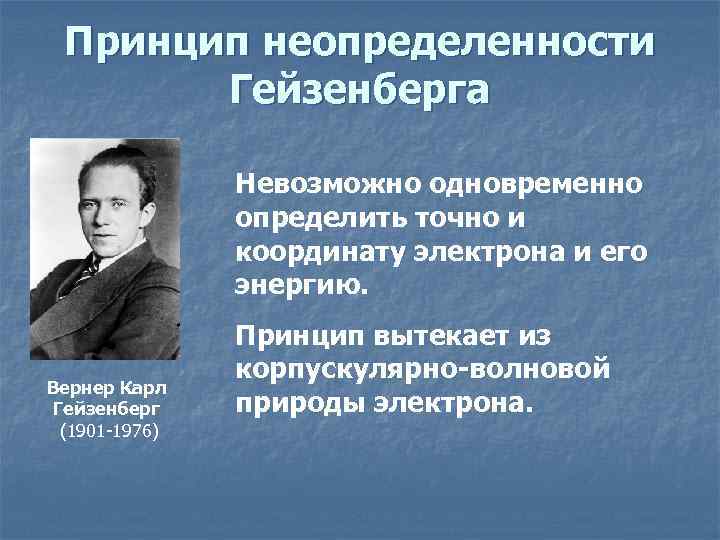 Принцип неопределенности Гейзенберга Невозможно одновременно определить точно и координату электрона и его энергию. Вернер