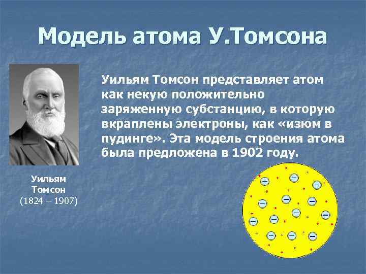 Модель атома У. Томсона Уильям Томсон представляет атом как некую положительно заряженную субстанцию, в