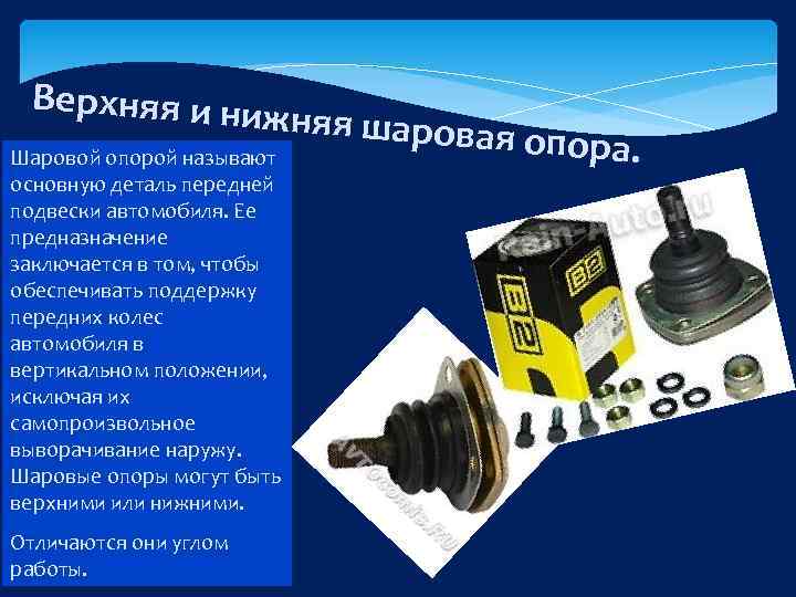 Верхняя и ни жняя шарова Шаровой опорой называют основную деталь передней подвески автомобиля. Ее