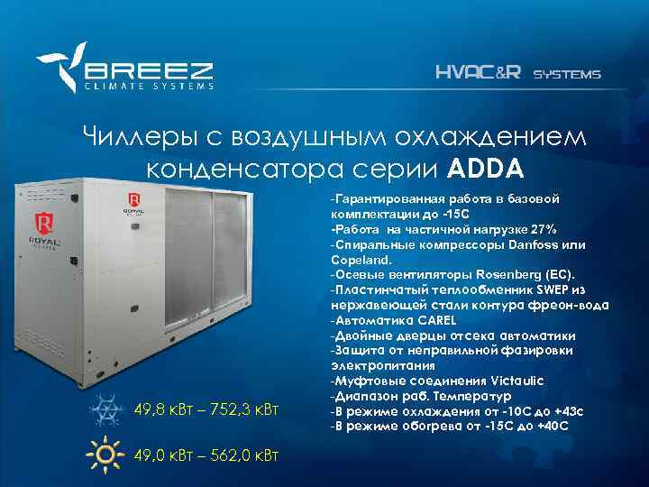 For professionals Чиллеры с воздушным охлаждением конденсатора серии ADDA 49, 8 к. Вт –