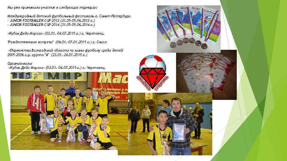 Мы уже принимали участие в следующих турнирах: Международный детский футбольный фестиваль г. Санкт-Петербург. -